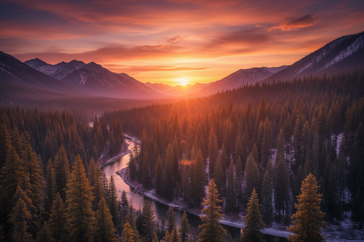 Mountains with Pine Trees and a Sunset